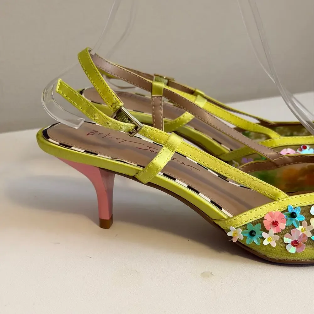 Betsey Johnson Witney Lime Floral Slingback Kitten Heels 8.5 Bow Whimsical Party